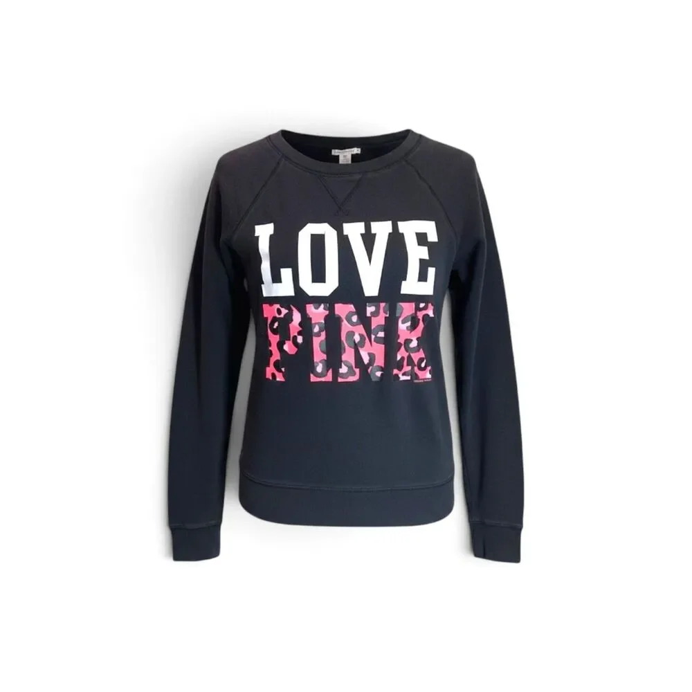 PINK Victoria's Secret Black Sweatshirt with Pink Cheetah Lettering sz S
